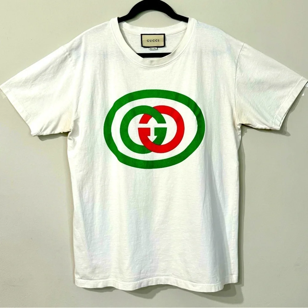 Gucci T shirt Authentic Classic GG Oval Logo Off White Short Sleeve Size L Used!